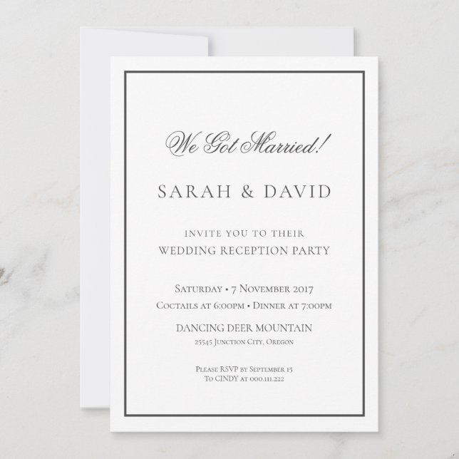 Invitation Réception de mariage classique noir et blanc (Devant)