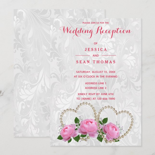Invitation Réception de mariage Damask Pearl Hearts & Roses (Devant / Derrière)