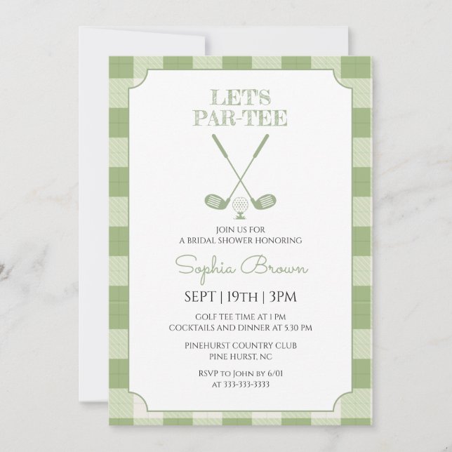 Invitation Reception de mariage de golf à carreaux vert sauge (Devant)