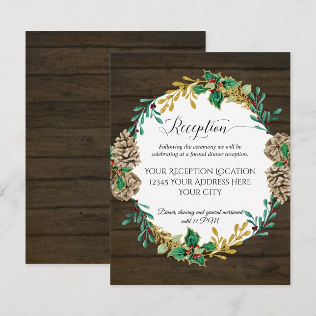 Invitation Réception de mariage de Noël avec verdure en bois  (Devant / Derrière)