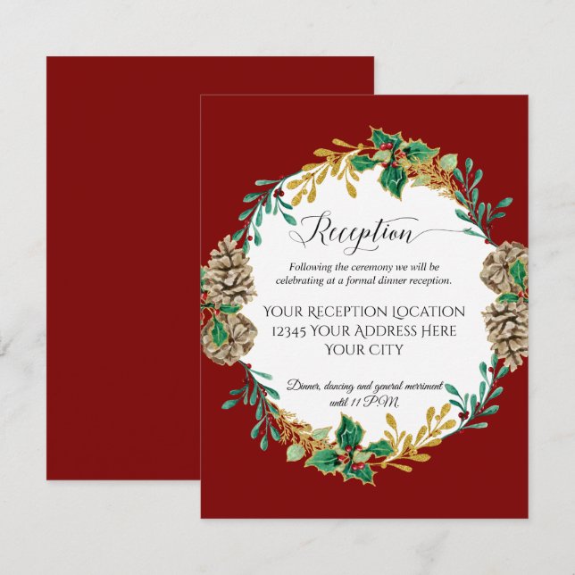 Invitation Réception de mariage de Noël sapin de houx or roug (Devant / Derrière)
