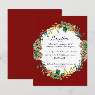 Invitation Réception de mariage de Noël sapin de houx or roug