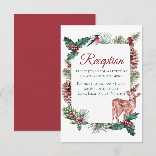 Invitation Réception de mariage d'hiver Cerf de Noël Floral r (Devant / Derrière)