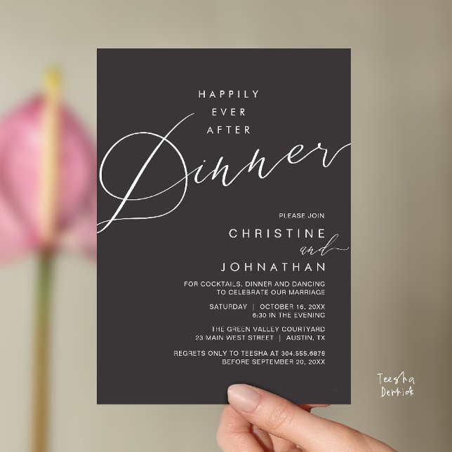 Invitation Réception de mariage Dîner de mariage heureux pour (Happily Ever After Dinner Wedding Reception Dinner Invitation Card in Charcoal Grey)