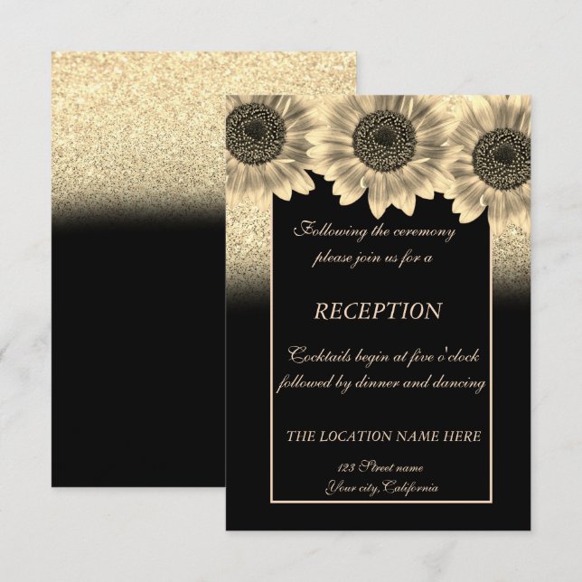 Invitation Réception de mariage dorée, tournesols, paillettes (Devant / Derrière)