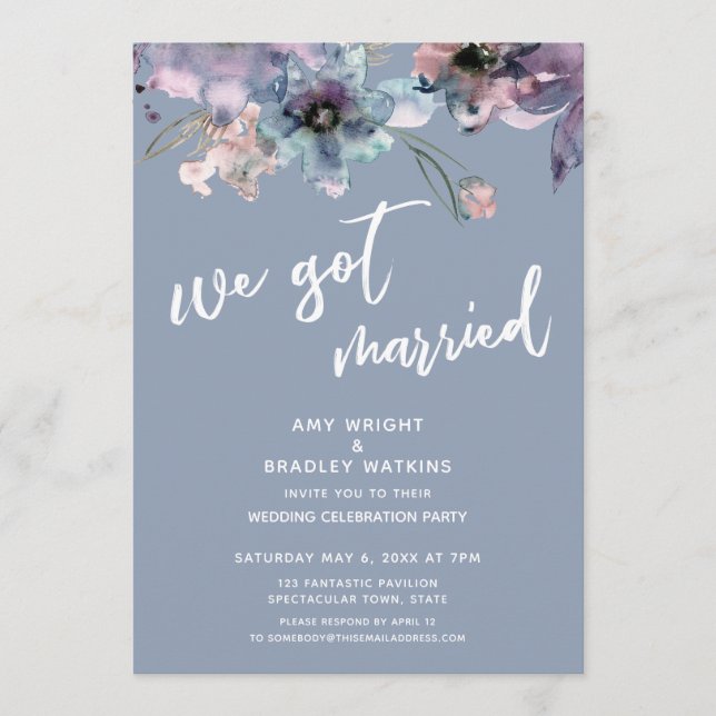 Invitation Réception de mariage Dusty Blue Peinture Florale N (Devant)