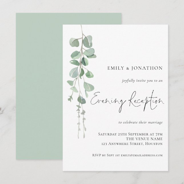 Invitation Réception de mariage élégante au eucalyptus du soi (Devant / Derrière)