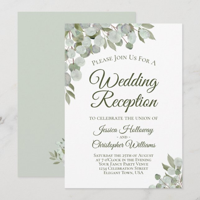 Invitation Réception de mariage élégante aux feuilles d'eucal (Devant / Derrière)