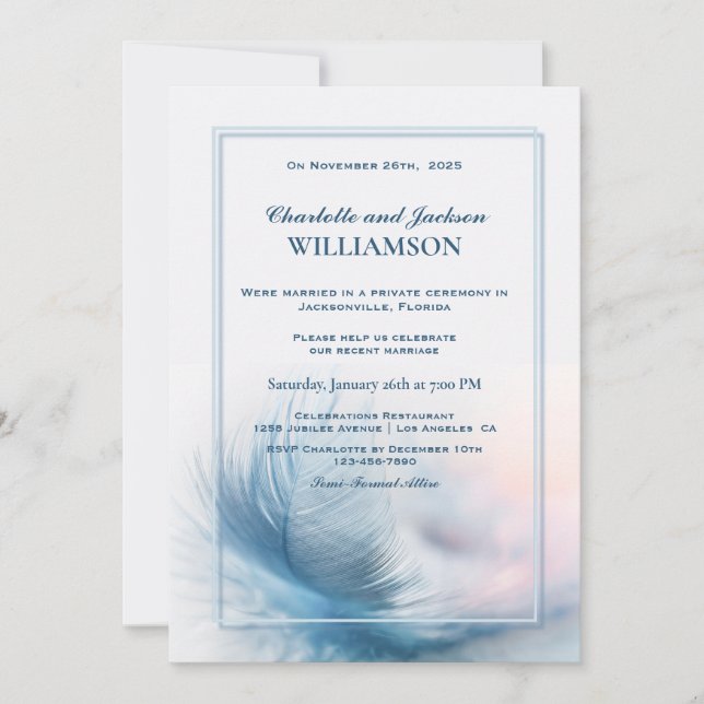 Invitation Réception de mariage élégante aux plumes de bleu p (Devant)
