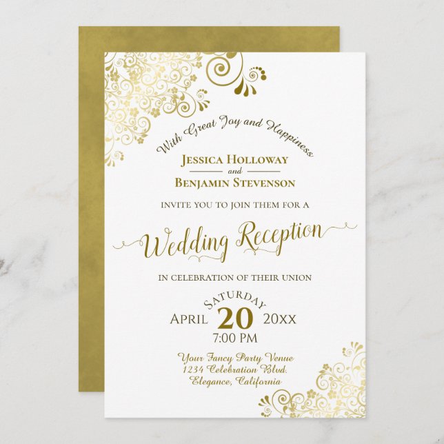 Invitation Réception de mariage élégante avec dentelle dorée  (Devant / Derrière)