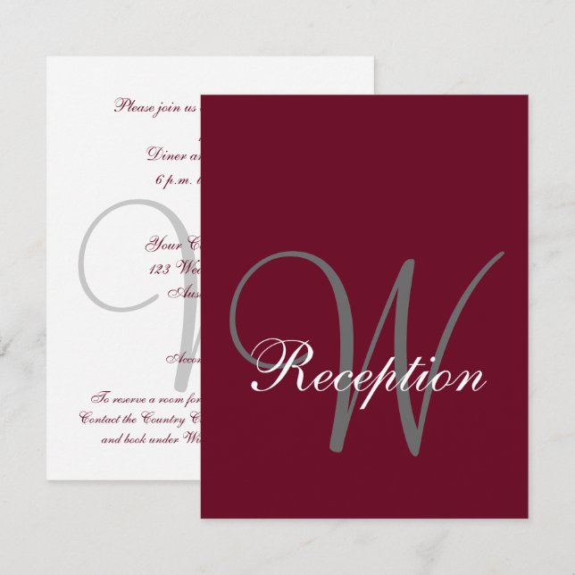 Invitation Réception de mariage élégante avec monogramme gris (Devant / Derrière)