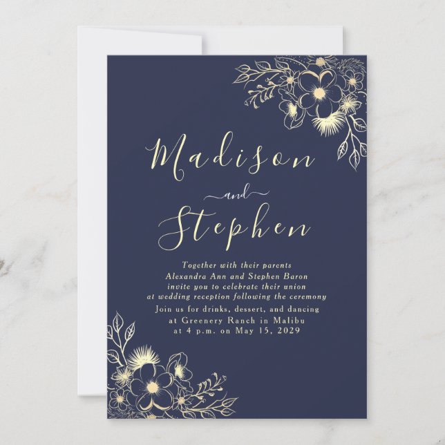 Invitation Réception de mariage élégante en calligraphie bleu (Devant)