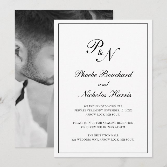 Invitation Réception de mariage élégante et classique noir et (Devant / Derrière)