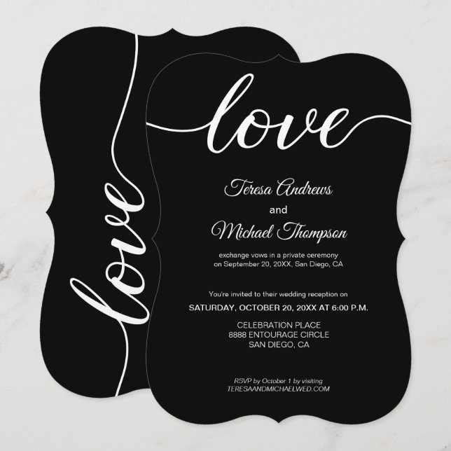Invitation Réception de mariage élégante et en fuite Black Wh (Devant / Derrière)