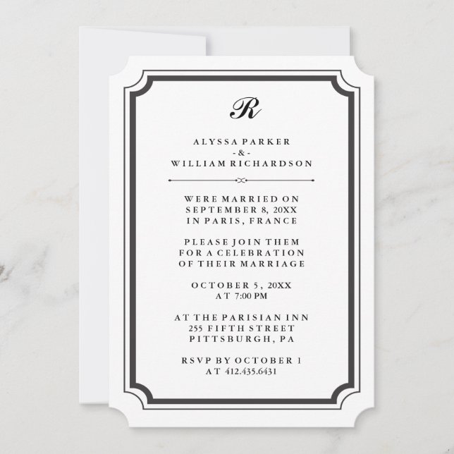 Invitation Réception de mariage élégante et monogrammée après (Devant)