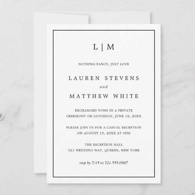 Invitation Réception de mariage élégante noir et blanc simple (Devant)