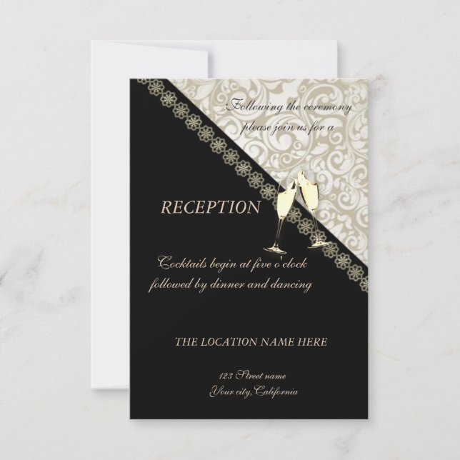 Invitation Réception de mariage élégante noire et damassée (Devant)