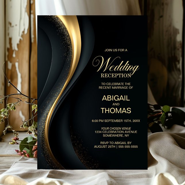 Invitation Réception de mariage élégante noire et or (Créateur téléchargé)