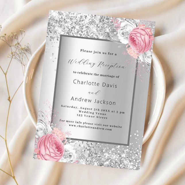 Invitation Réception de mariage élégante rose argent (Créateur téléchargé)