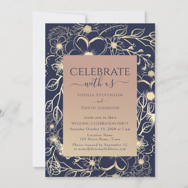 Invitation Réception de mariage élégante rose gold et navy (Devant)