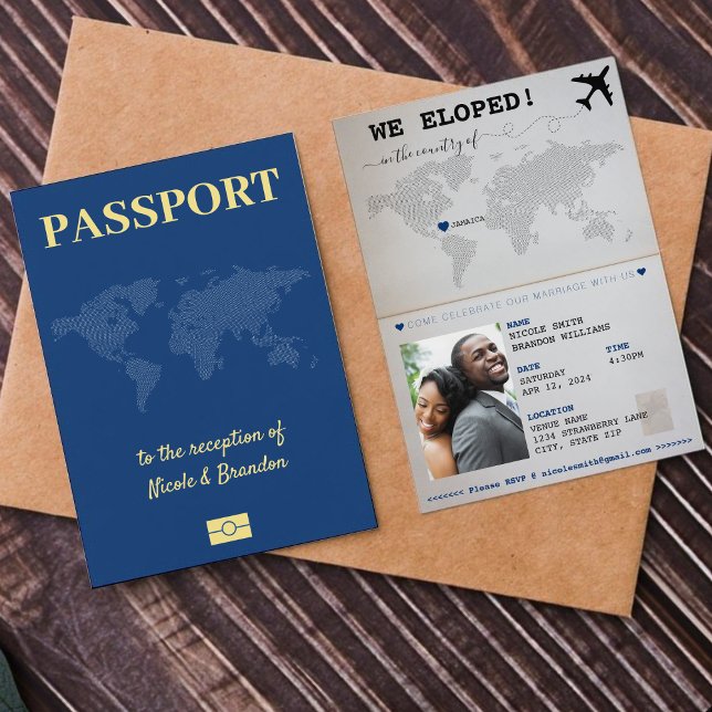 Invitation Réception de mariage Eloped Passeport Bleu (Blue Passport Eloped Wedding Reception Invitation)