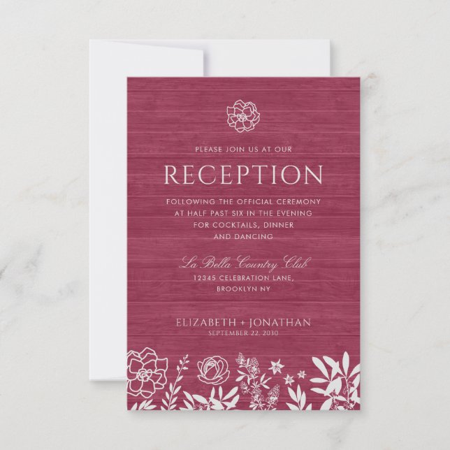 Invitation Réception de mariage en bois floral rustique rouge (Devant)