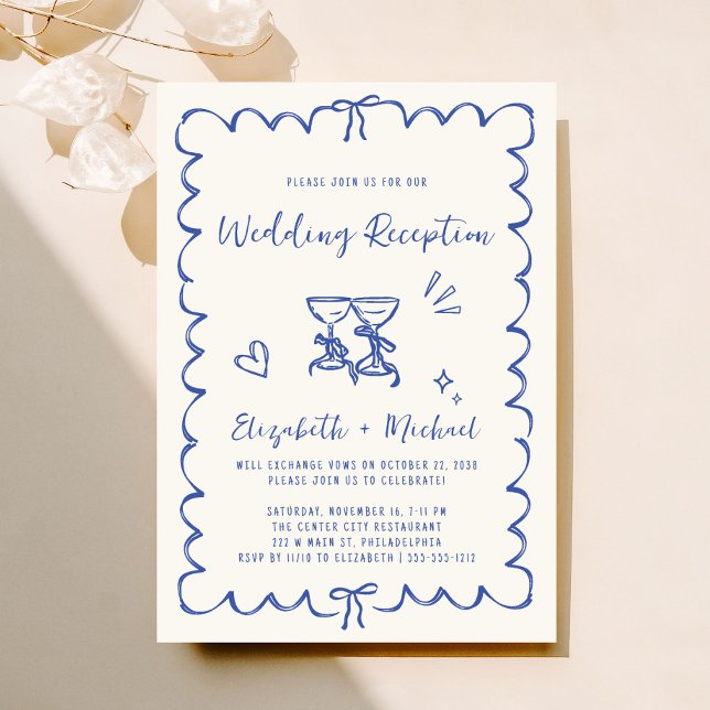 Invitation Réception de mariage en crème bleue dessinée à la  (Fun reception invitation featuring whimsical hand drawn wine glasses with hearts + coquette bows)