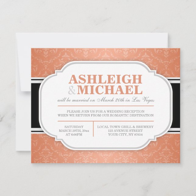 Invitation Réception de mariage en damassé gris et orange uni (Devant)