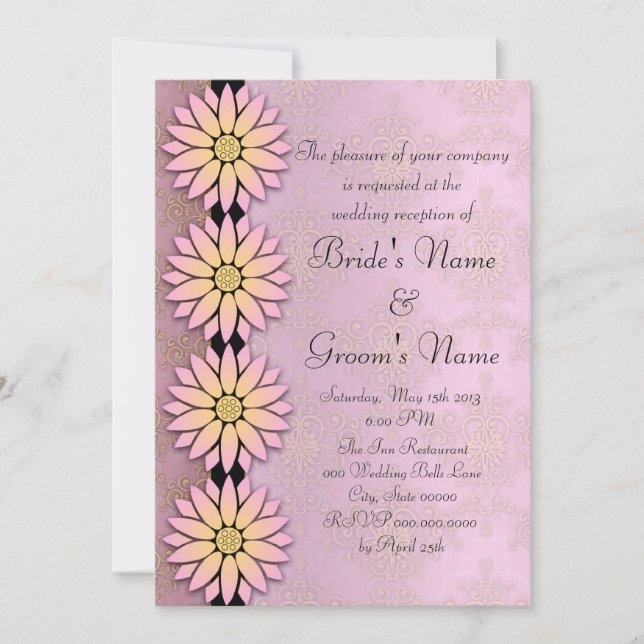 Invitation Réception de mariage en damassé rose floral et pêc (Devant)