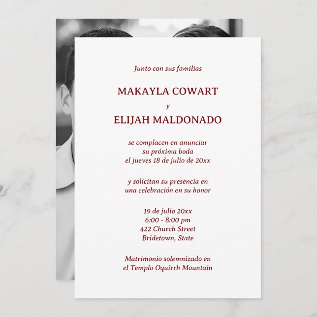 Invitation Réception de mariage en espagnol rouge et blanc (Devant / Derrière)