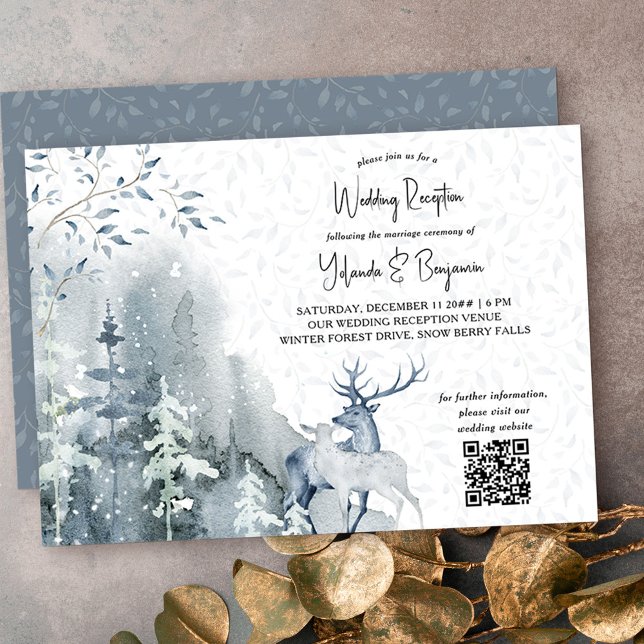Invitation Réception de mariage en forêt enneigée en hiver un (Wedding Reception invitation with QR code from my Snow Forest Winter Wedding collection)