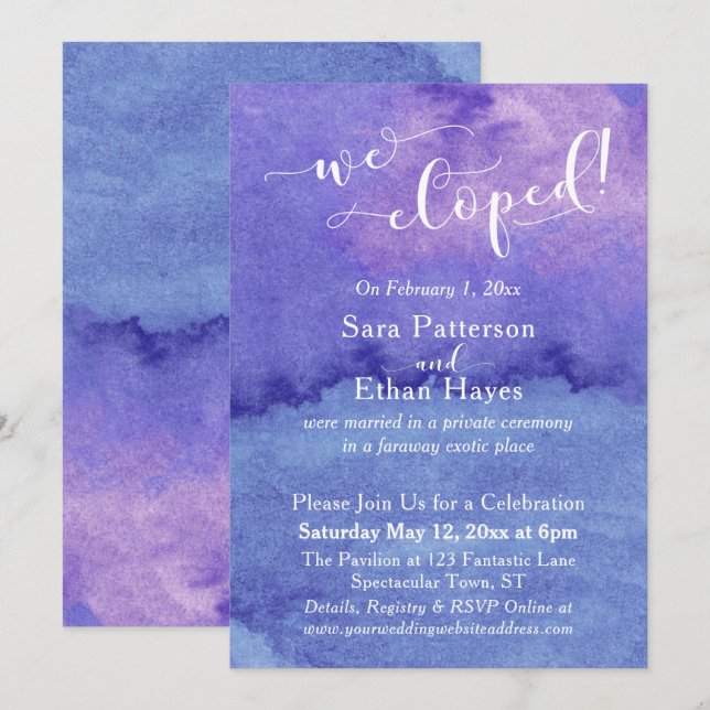 Invitation Réception de mariage en fuite avec aquarelle viole (Devant / Derrière)
