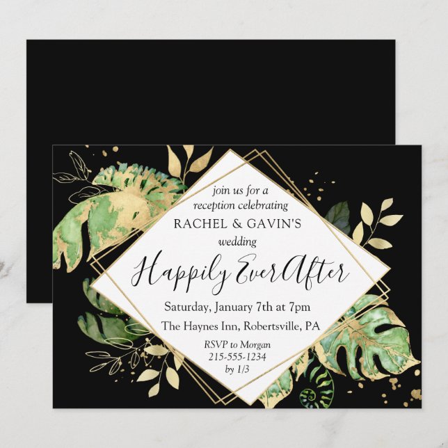Invitation Réception de mariage en fuite tropical noir et or (Devant / Derrière)