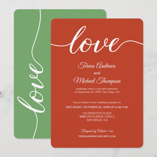 Invitation Réception de mariage en fuite vert sauge orange (Devant / Derrière)