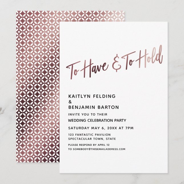 Invitation Réception de mariage en or rose To Have & To Hold (Devant / Derrière)