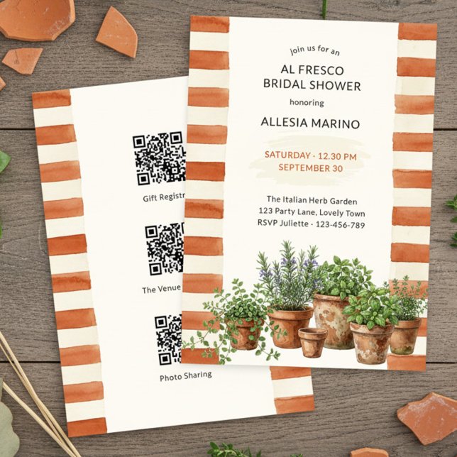Invitation Réception de mariage en plein air Terracotta rayé (Bridal Shower Invitation with Italian herb garden and terracotta stripes by Darling & May)