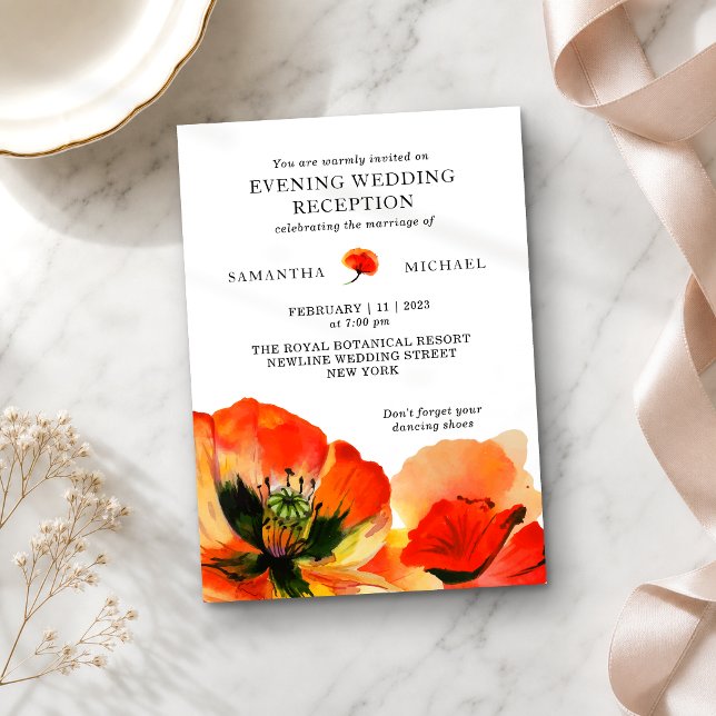 Invitation Réception de mariage en soirée Fleur de pavot roug (Créateur téléchargé)