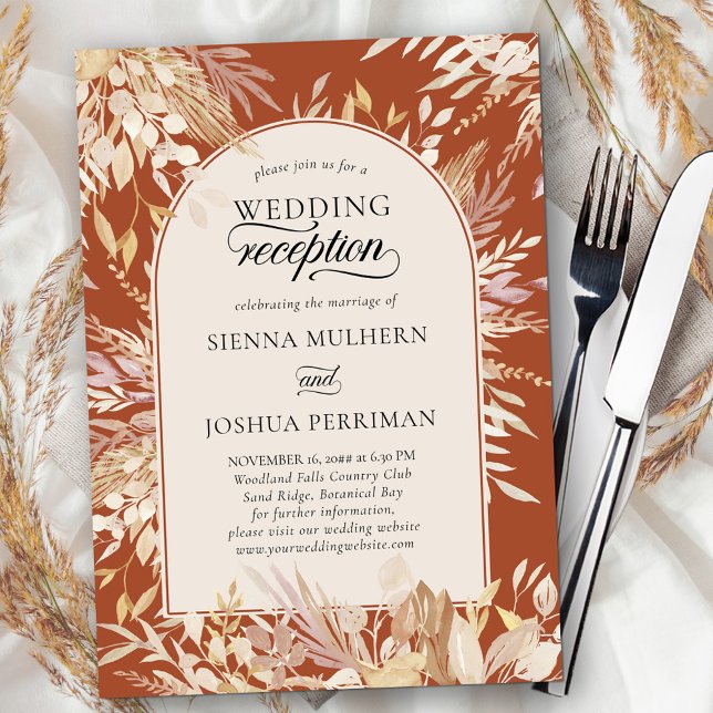 Invitation Réception de mariage en terre cuite encadrée botan (Arch Wedding Reception Invitation Card for the evening - terracotta burnt orange and neutral foliage)