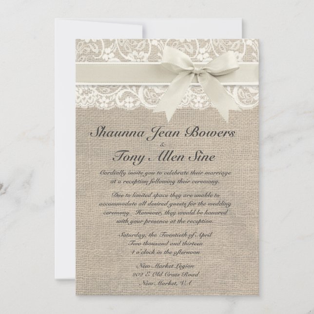 Invitation Réception de mariage ene ivoire de toile de jute d (Devant)