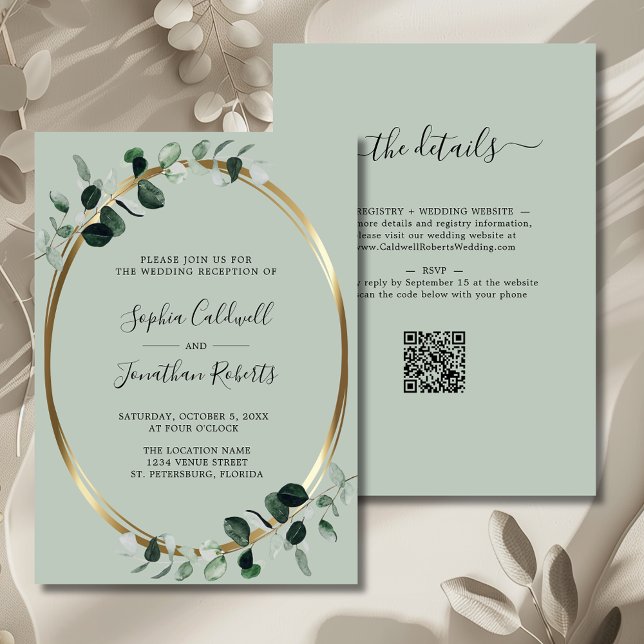 Invitation Réception de mariage Eucalyptus Métalisé Or et Sau (Eucalyptus Gold Sage QR Code Wedding Reception Invitation)