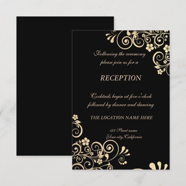 Invitation Réception de mariage Fleurs dorées Chic Élégant (Devant / Derrière)