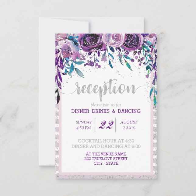 Invitation Réception de mariage Fleurs violettes et argent (Devant)