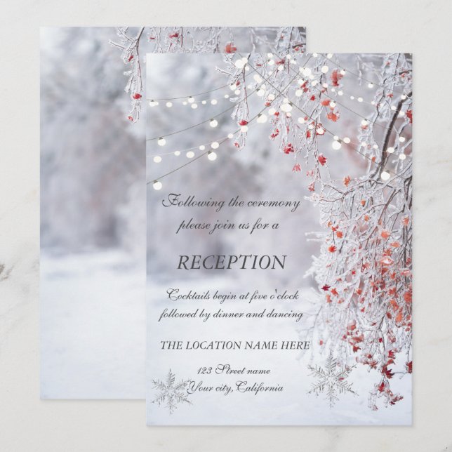 Invitation Réception de mariage flocons de neige de Wonderlan (Devant / Derrière)