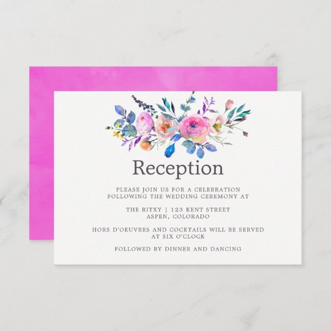 Invitation Réception de mariage floral à l'aquarelle rose vif (Devant / Derrière)