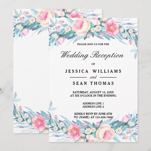 Invitation Réception de mariage floral aquarelle élégant (Devant / Derrière)