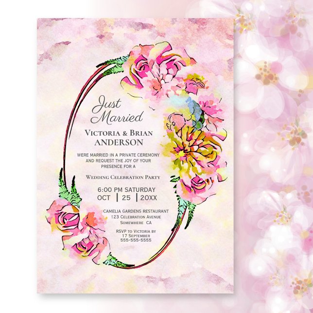 Invitation Réception de mariage floral aquarelle rose (Créateur téléchargé)