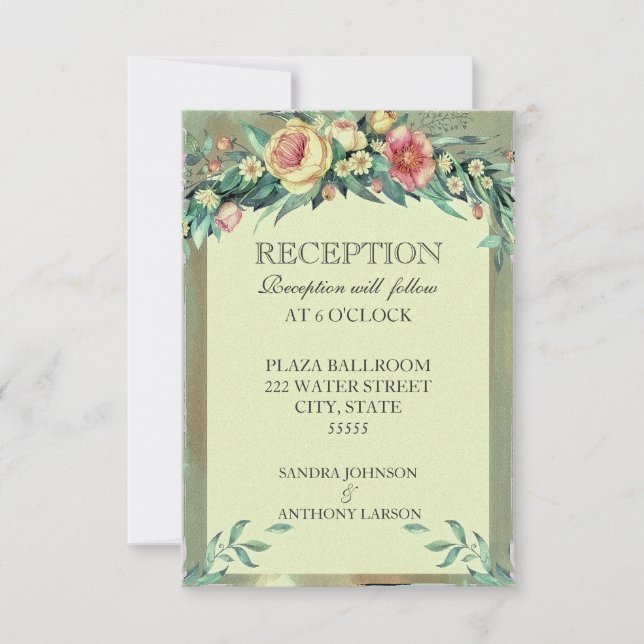 Invitation Réception de mariage floral aquarelle vert et rose (Devant)