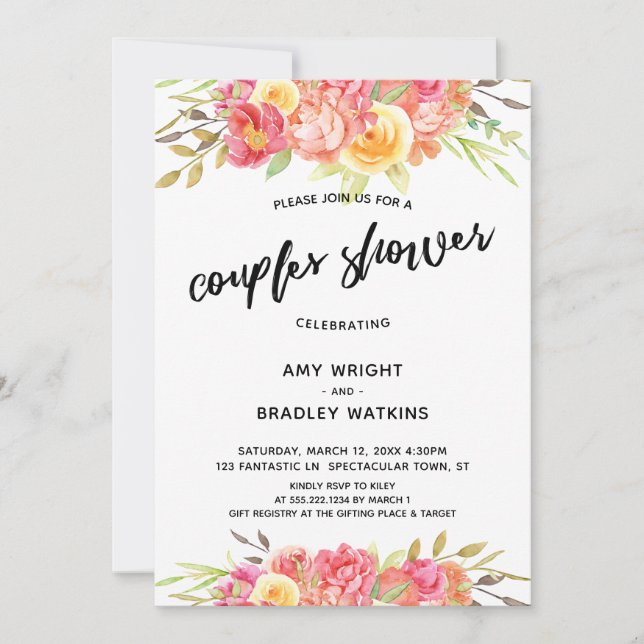 Invitation Réception De Mariage Floral Avec Douche Couples (Devant)