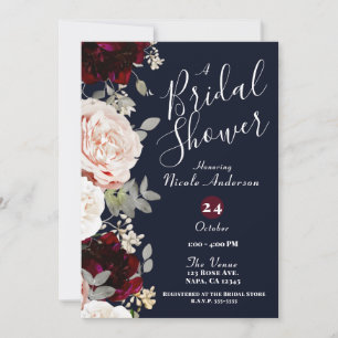 Invitation Reception de mariage floral bleu marine rouge bord