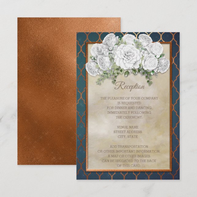 Invitation Réception de mariage floral élégant sarcelle cuivr (Devant / Derrière)